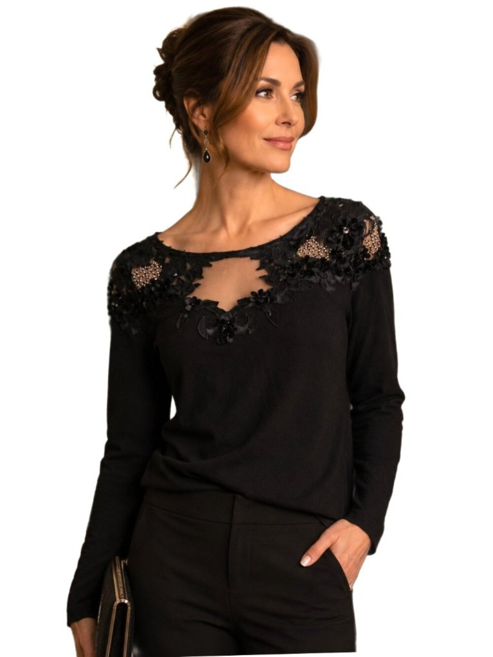 PHILIPPE CARAT COUTURE Beaded 3D Floral Illusion Mesh Neckline Black Top Sz L